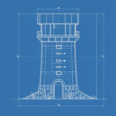 Schematic blueprint of a watchtower cross-section with arrow slits, white on blu