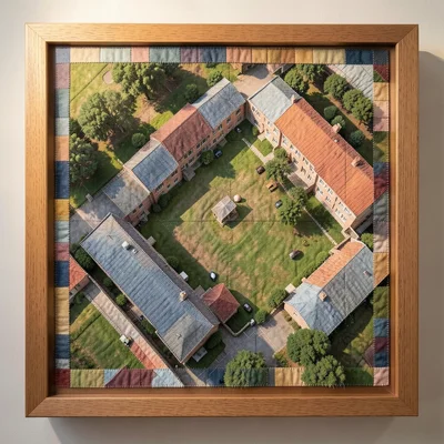 Quilted textile of school grounds from above, fabric building rooftops
