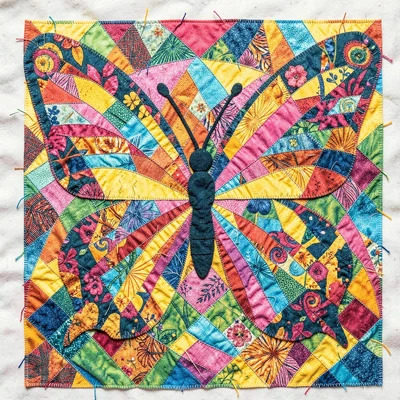 Panamanian mola textile illustration, a butterfly with wing layers showing throu