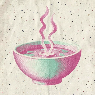 Riso flyer art of a halftone bowl of soup with rising steam in pink and mint ove