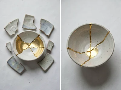 Flat-lay of ceramic fragments and finished repaired bowl — process before and af