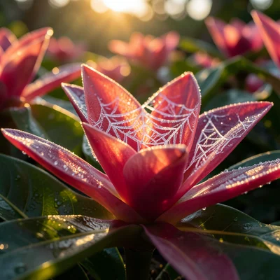 Ice forming geometric patterns on tropical flower petals, macro, warm light