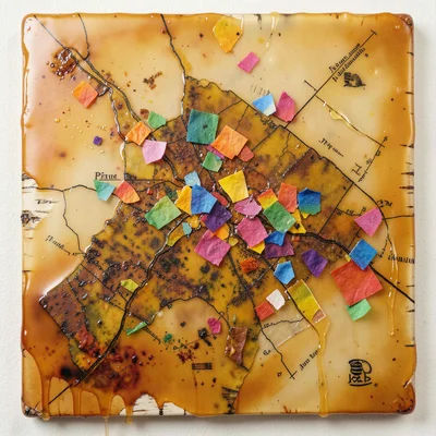 Beeswax with embedded rainbow tissue paper fragments, pride collage in wax