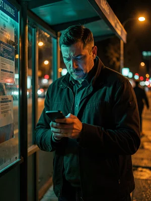 Man checking his phone at bus stop, lit like he's about to receive terrible news