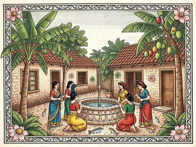 Village courtyard scene — women around a well, banana and mango trees at corners