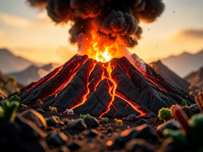 Volcanic eruption, tilt-shift from distance, toy-like mountain, model lava