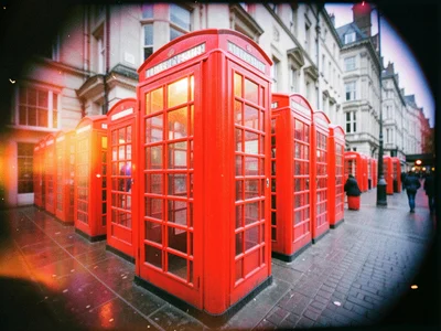 Red telephone booths in a row, the red pushed to nearly fluorescent, the backgro