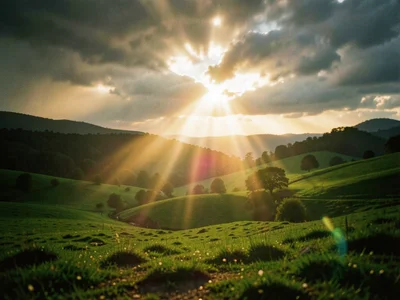 Sun breaking through rain clouds over green valley, god rays