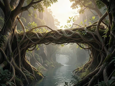 Bridge grown from intertwined tree roots, spanning a river canyon, leaves sprout