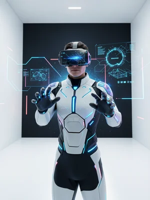 Person wearing VR headset in a minimalist white room, hands reaching forward