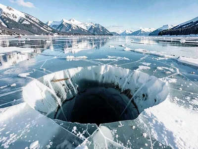 Air pocket under ice creating dark void visible