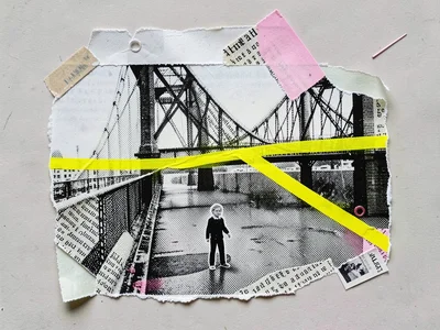 Photographic collage editorial of a tiny cut-out figure standing before an enorm