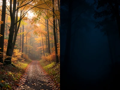 Forest path, left half golden autumn afternoon, right half dark misty midnight