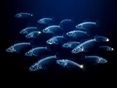A school of glass-body cardinalfish in deep water, each fish's skeleton visible 