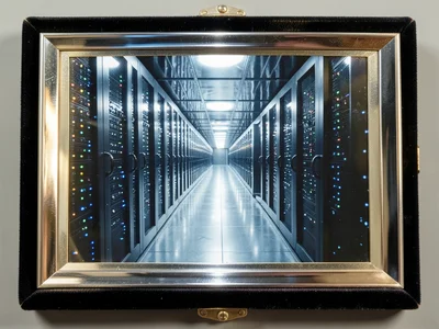 The interior of a server room with blinking lights in perfect rows receding to a