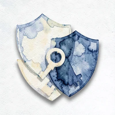 abstract overlapping shield-and-key shapes in indigo and butter, soft drop shado