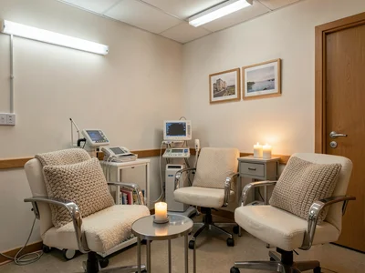 Waiting room chairs with chunky knit cushions, fluorescent lights dimmed, candle
