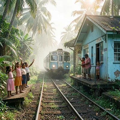 Tropical light on Sri Lankan colonial decay, Children waving from platform as tr