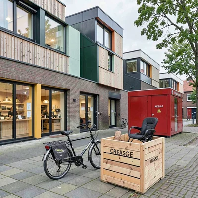 Danish design infrastructure, hygge mechanics, Cargo bike parked at bakery, wood