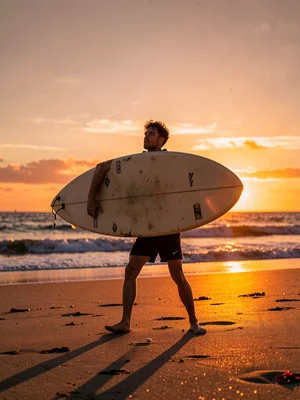 Surfer carrying board at sunset