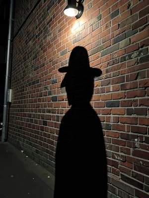 Shadow of figure with fedora cast on brick wall, alley, single overhead light