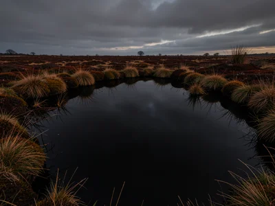 Bog pool at dusk — flat black water with grey sky reflected, rushes at the edge,