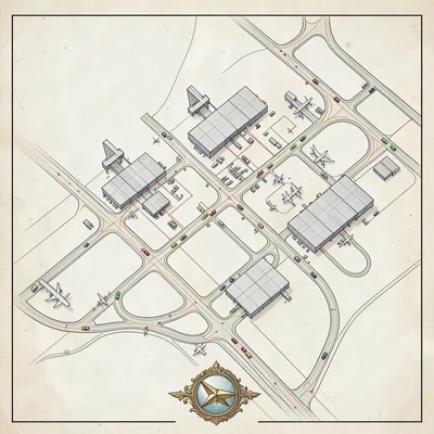 A modern airport ground-services plan with terminal piers, taxiways, hangars, fu