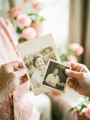 Grandmother's hands holding vintage photographs