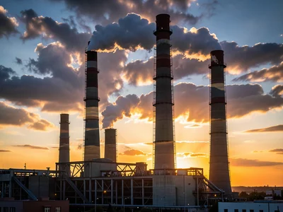 Factory smokestacks containing time-lapse clouds and sunset, double exposure