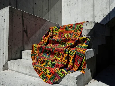 Bold Kente cloth patterns draped over brutalist concrete steps, vibrant vs raw
