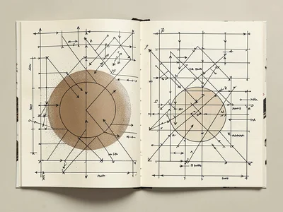 Open notebook spread filled with overlapping diagrams of arrows, brackets, and t