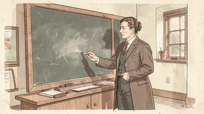 Casein illustration, schoolteacher at chalkboard , milk-based paint, vintage mat