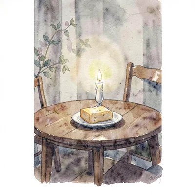 Gouache vertical of a quiet table with a small cheese plate by candlelight