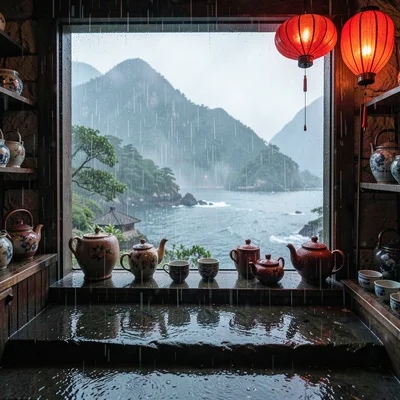 Jiufen rain beauty, wet mountain coastal, Ceramic shop display, teapots and cups