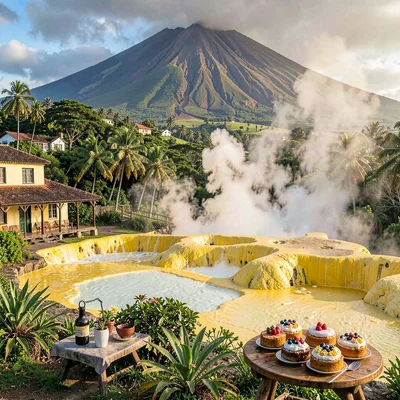 French Caribbean fusion in Guadeloupe, Sulfur springs of La Soufriere, yellow mi