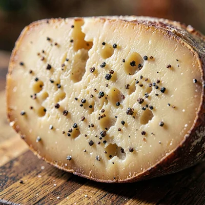 Cross-section macro of a hard cheese cut showing crystalline tyrosine specks lik