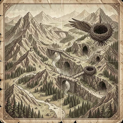 Fantasy map illustration, a mountain pass map with bridges, caves, and giant eag