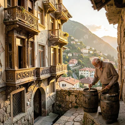 Crumbling Art Nouveau balconies in golden Tbilisi light, elderly winemaker tasti