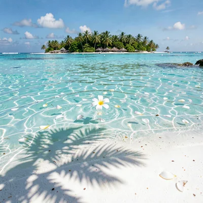Lagoon turquoise light in Rarotonga, Tiare flower floating on lagoon surface, pe