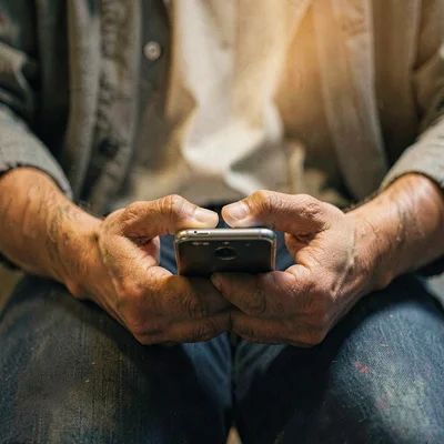 Square portrait of a creator's hands holding a small phone face-down on their la