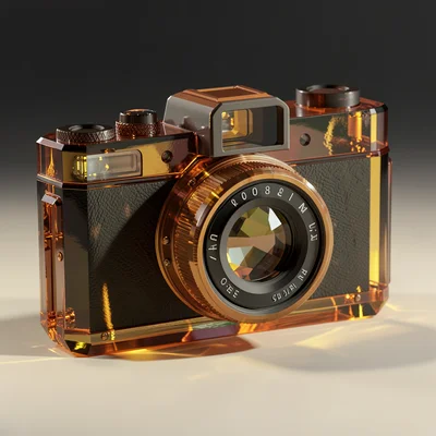 Vintage translucent amber glass camera body with the lens barrel catching warm c