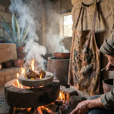 Oaxacan mezcal process, palenque atmosphere, A worn leather apron hanging on a n