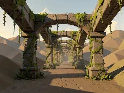 Ruined aqueduct arches receding into a hilly landscape with every stone column d