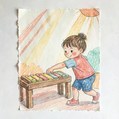 Vertical of a child reaching for a wooden xylophone on a low shelf, warm sun str