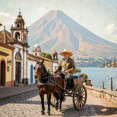 Colonial color against volcano in Granada, Nicaragua, A horse-drawn carriage on 