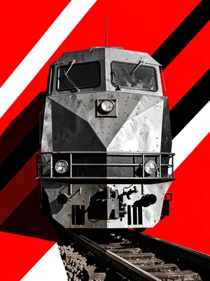 Locomotive front-on, angular steel mass with bold diagonal shadow slashes