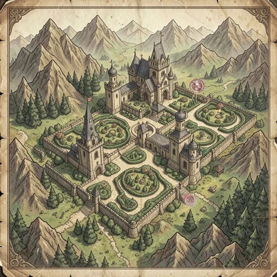 Fantasy map illustration, a magical academy grounds map with towers, gardens, an