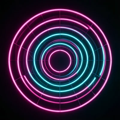 Concentric circles of neon light tubes in pink and cyan, long exposure