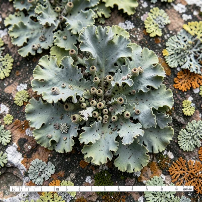 Foliose lichen ruffled edges macro, leafy grey-green thallus lifting from bark s