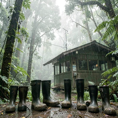 Monteverde cloud forest, filtered canopy light, Rubber boots lined up outside a 